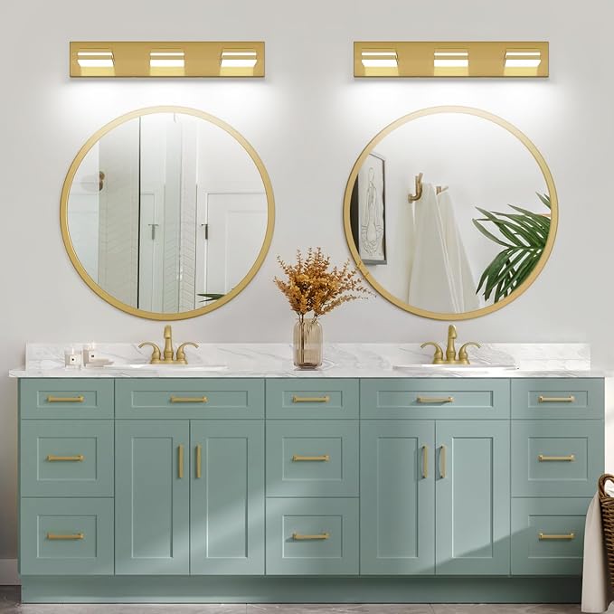 SineRise LED Modern Bathroom Vanity Light Fixtures, Modern Acrylic Bathroom Wall Lighting Fixtures Over Mirror, 3-Light, 24-Inch, Brass, 100%-0% White