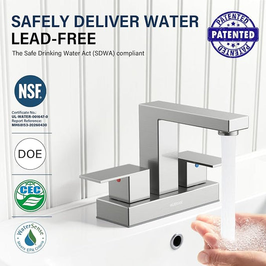 Bathroom Sink Faucet, 4 inch Brushed Nickel Faucet Stainless Steel | Hurran Bathroom Faucets for Sink 3 Hole with Pop-up Drain and Supply Lines, 2-Handle Faucet for Vanity RV Restroom