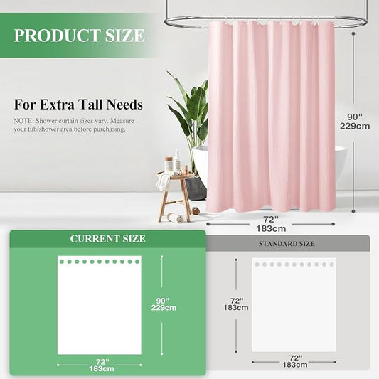 Extra Long Waffle Shower Curtain 256 GSM Fabric 72x90 Pink | 90 Inch Tall, Thick Cloth, Weighted Hem, Water Repellent, Hotel Luxury Polyester Shower Curtain Set for Bathroom 12 Hooks