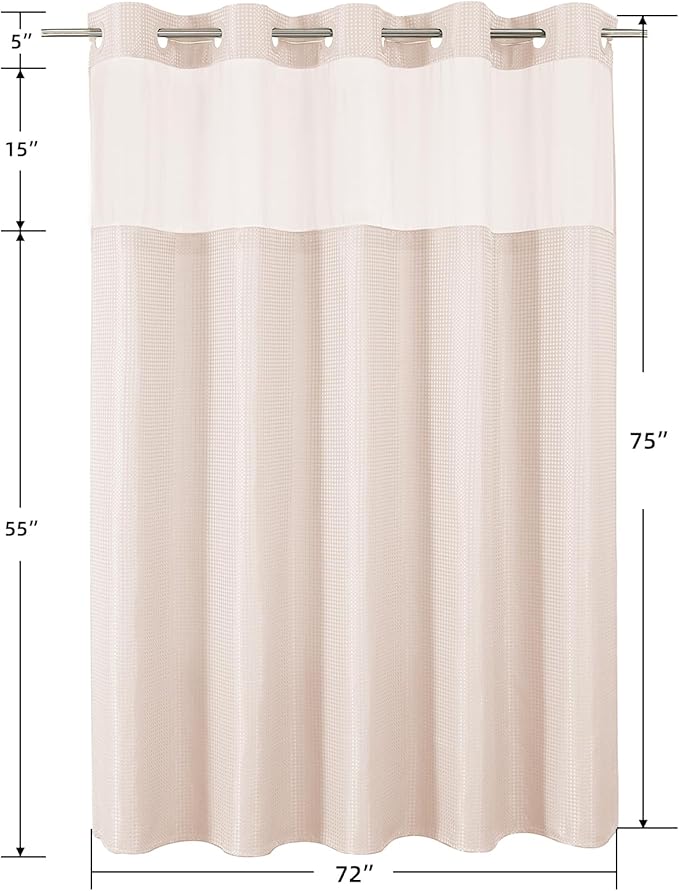 Colorful Star Blush Pink No Hook Waffle Shower Curtain Set, 72" W x 75" L | Waterproof Shower Curtain with Snap in Fabric Liner and Mesh Top Window, Hotel Style Heavy Duty Thick Bathroom Curtain
