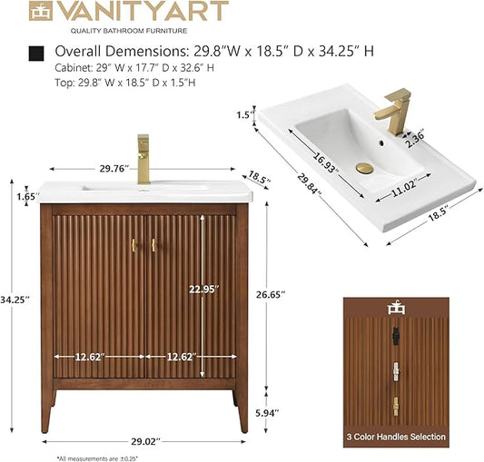 Vanity Art 30 inch Bathroom Vanity with Single Sink & Ceramic Top, Vanity Cabinet with Soft-Closing Door, Solid Wood Frame, Linear Pattern, Walnut, Golden Brushed Handware VA9130-Walnut-GB