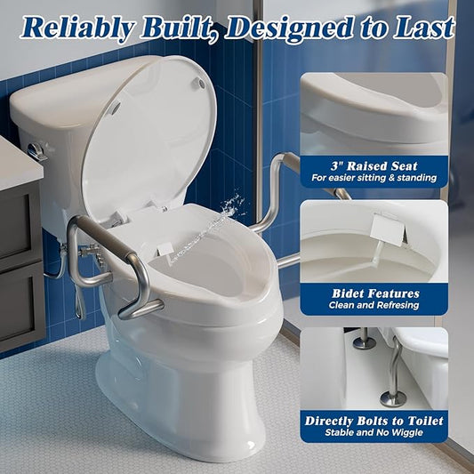 Raised Toilet Seat with Handdles and Bidet Attachment,Elongated - Non-Electric Bidet with Dual Nozzles - Elevated Toilet Risers for Seniors & Limited Mobility - Easy Install & Clean