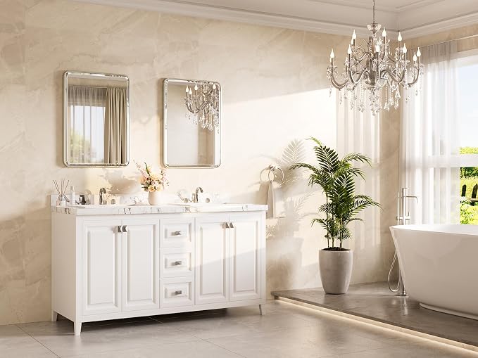 Brushed Nickel Mirror for Bathroom 22 x 30 Beveled Edge Tempered Glass, Rounded Corner Rectangle Bathroom Mirror for Over Sink for Modern Bathroom, Living Room, Bedroom, Entryway