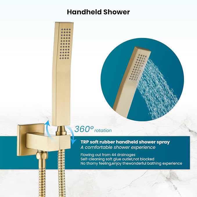 gotonovo Shower Faucet Set with Handheld Spray Brushed Gold,16'' Head | SUS304 Rainfall Shower Head and Handle Set System Fixture,Pressure Balance Valve Trim Kit,Single Handle,Wall Mount,All Metal