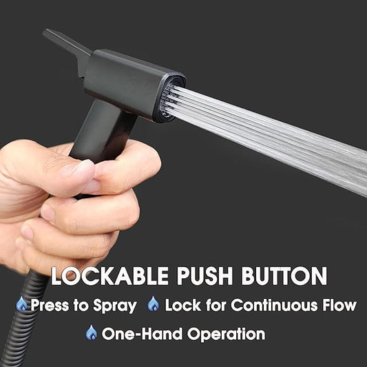 Handheld Bidet Sprayer for Toilet, Lockable Push Button, High Pressure Bathroom Sprayer, Cloth Diaper & Personal Hygiene Sprayer, Tank Mount No-Drill Install, Stainless Hose Set, Black Color