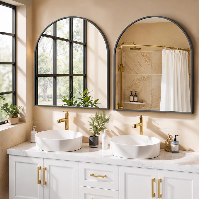 Arched Wall Mirror 32x31 Inch Black Bathroom Vanity Mirror with Metal Frame | Modern Arch Mirror for Bedroom, Living Room, Entryway, Wall Mounted Decorative Mirror
