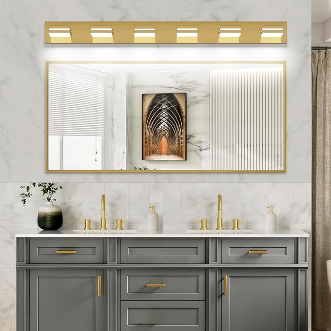 SineRise LED Modern Bathroom Vanity Light Fixtures, Modern Acrylic Bathroom Wall Lighting Fixtures Over Mirror, 6-Light, 48-Inch, Brass, 100%-0% White