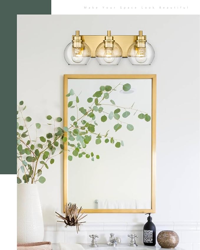 Bathroom Light Fixtures, 3-Light Brushed Gold Vanity Light, Modern Wall Sconces with Clear Glass Globe Shade, Bathroom Wall Lights for Mirror Kitchen Bedroom Hallway Living Room, VL195-GD-3 | 18" modern bathroom light fixtures over mirror, E26 base, bu...