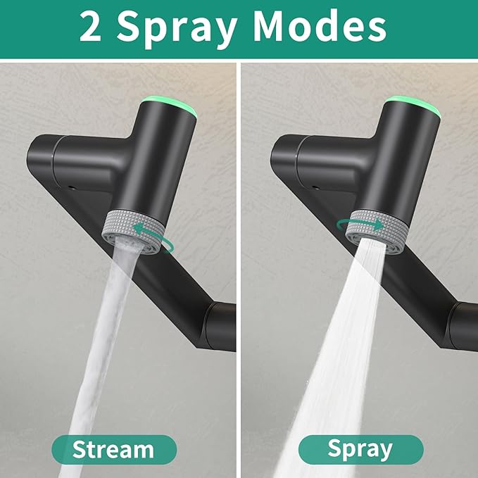 Modern Bathroom Faucet 1 Hole with Temperature Display(Batteries-Free), 1080° Rotatable Single Hole Bathroom Faucet, Single Handle Bathroom Vanity Faucets, 2 Spray Modes (Matte Black)