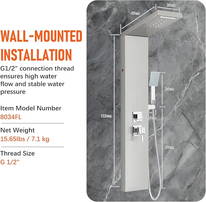 FUZ Shower Panel Tower System, Stainless Steel 5 IN 1 Shower Panel System with LED Fancy Rain Shower Head and Handheld, Adujstable Rainfall Massage Body Jets and Tub Spout, Brushed Nickel Shower Tower