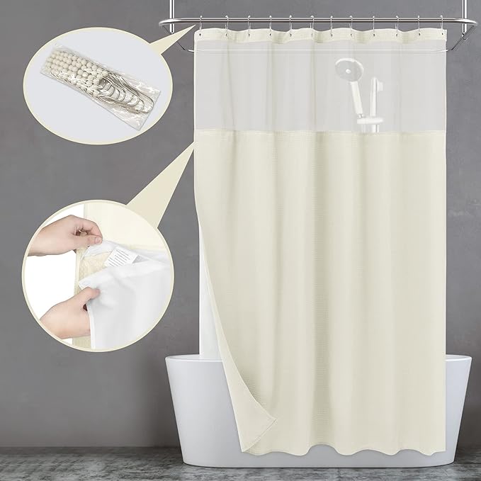 N&Y HOME Waffle Weave Shower Curtain with Snap-in Liner Set Cream, 71x72 | 12 Metal Hooks Included, Snap on/off Fabric Liner, Mesh Window, Washable, Hotel Style Cream Shower Curtain Set for Bathroom