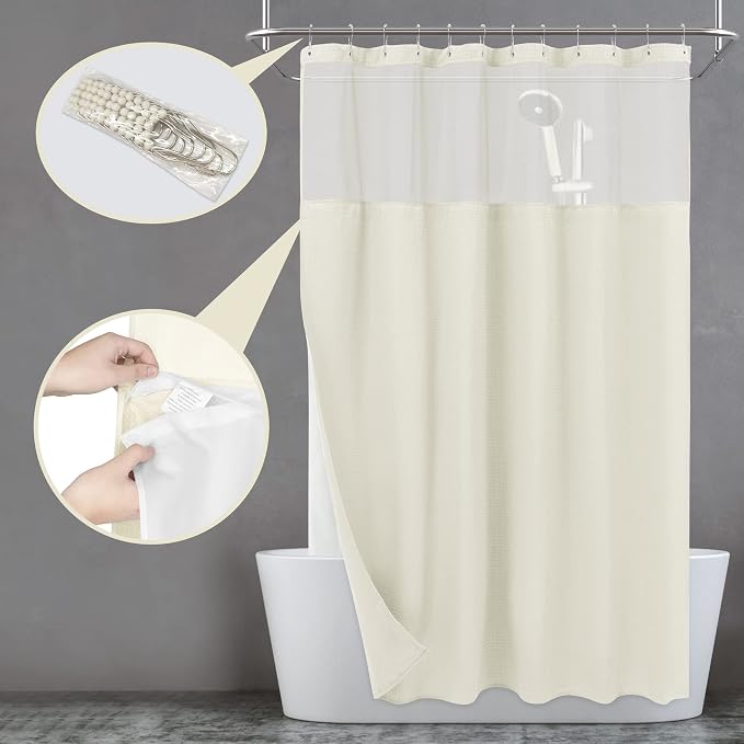 N&Y HOME Extra Long Waffle Shower Curtain with Snap-in Liner Cream, 71x84 | 12 Hooks & Snap on Fabric Liner, Washable, Mesh Window, Hotel Style, 84 inches Length Cream Shower Curtain Set for Bathroom