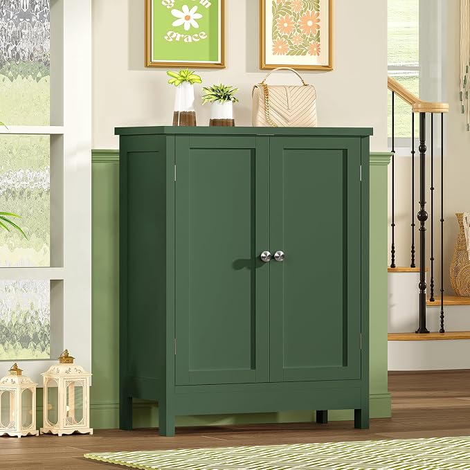 Iwell Bathroom Cabinet, Bathroom Storage Cabinet with 2 Doors & 3 Shelves, 3 Heights Available, for Living Room, Entryway, Home Office, Green