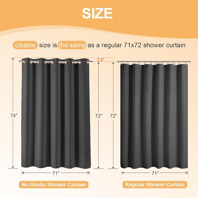 River Dream Cotton Blend No Hook Shower Curtain with Liner, Black, 71x74 | with Snap in Liner, Heavyweight Waffle Fabric, Hotel Grade for Bathroom, Water Repellent, Corner Magnets, Machine Washable