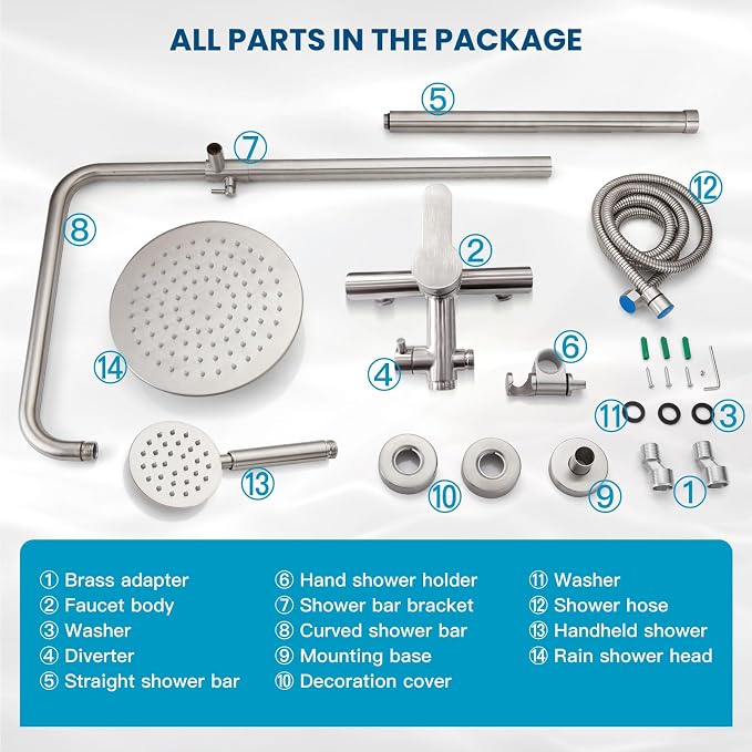 gotonovo Outdoor Shower 304 Stainless Steel, Brushed Nickel, Single Handle | Rain 8 Inch Outdoor Shower Head with Handheld Kit Fixtures System Faucet Set with Valve Wall Mount for Seaside Backyard Pool