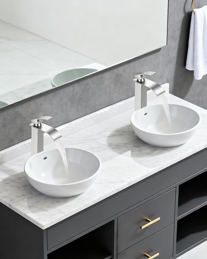 Brushed Nickel Bathroom Faucet 1 Hole Waterfall Vessel Sink Faucet | Certified NSF cUPC DOE CEC SUS304 steel.waterfall spout,Single Handle Bathroom Sink Fauce,Pop-up Drain,Fits vanity,Bar sink