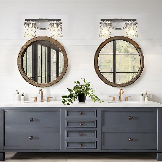 2-Lights Bathroom Vanity Lights, Bathroom Light Fixtures Over Mirror, Brushed Nickel Vanity Light, Farmhouse Wall Lights with Clear Glass Shade, Bathroom Wall Lamp for Mirror Kitchen Bedroom