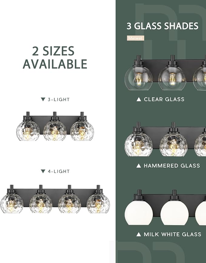 3-Light Black Bathroom Vanity Light, Hammered Glass Globe Shade | 18" modern bathroom light fixtures over mirror, up/down mounting, E26 base, VL200-MB-3