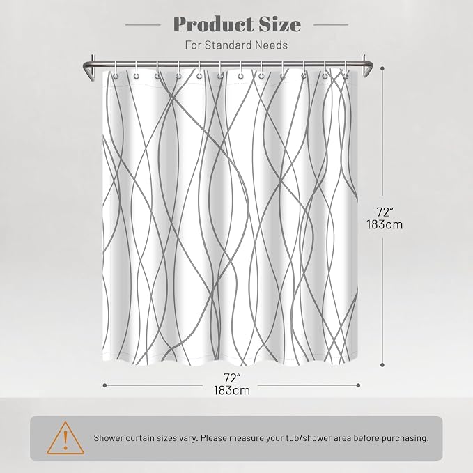Striped Shower Curtain for Bathroom, Grey White, 72" W x 72" L | with Hooks, Modern Hotel Style, Water Repellent, Washable, Weighted Hem