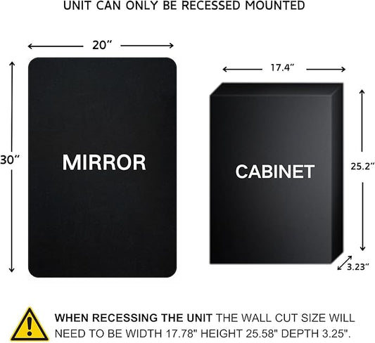 TEHOME Farmhouse Matt Black Recessed Bathroom Medicine Cabinet with Mirror Rounded Rectangle Metal Framed Medicine Cabinet with Beveled Mirror 20x30''