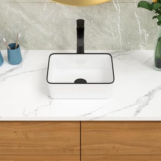 Lordear Vessel Sink Rectangle 16 Inch Bathroom Sink Rectangular Modern Above Counter Bathroom Sink White 16x12 Inch Porcelain Ceramic Vanity Sink with Black Trim Art Basin
