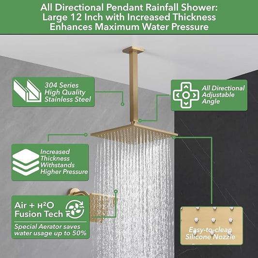 VANFOXLE Shower Faucet Set Brushed Gold Shower System, Push Button Diverter | 12 Inch Ceiling Mount Rain Head Increased Thick, 6 Inch Wall Mount Head, 2-in-1 Handheld Sprayer, Rust Resistant