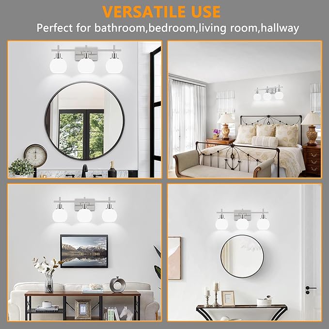 Modern Vanity Lighting Fixtures,3-Light Bathroom Lighting Fixtures Over Mirror,Brushed Nickel Wall Mounted Bathroom Vintage Lamp with Milky White Glass Lampshade for Living Room,Bedroom