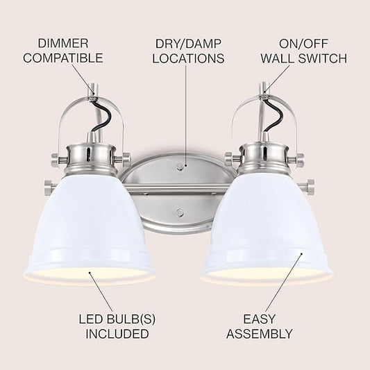JONATHAN Y 16.25" White/Nickel 2-Light LED Vanity Light, Adjustable Wall Sconce for Bathroom Mirror, Farmhouse Bohemian Kitchen Light, Iron Black Bell Shade (JYL1115B)