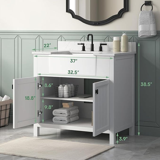 36 Inch White Bathroom Vanity with Sink, Farmhouse Bathroom Vanities Cabinet with Soft Closing Doors, Vanity for Bathroom with Apron Farm Sink, Solid Wooden Frame