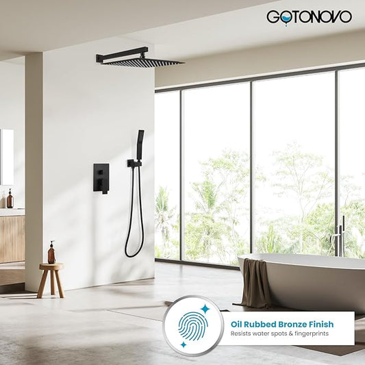 gotonovo Shower Faucet Set with Handheld Spray Oil Rubbed Bronze,16'' Head | SUS304 Rainfall Shower Head and Handle Set System Fixture,Pressure Balance Valve Trim Kit,Single Handle,Wall Mount,All Metal