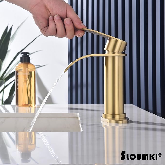 Brushed Gold Waterfall Bathroom Faucet Single Hole, Gold Bathroom Faucet for Sink 1 Hole with 6 in Deck Plate and Pop Up Drain and Supply Hose, Modern Bathroom Sink Faucet,SL5002BG
