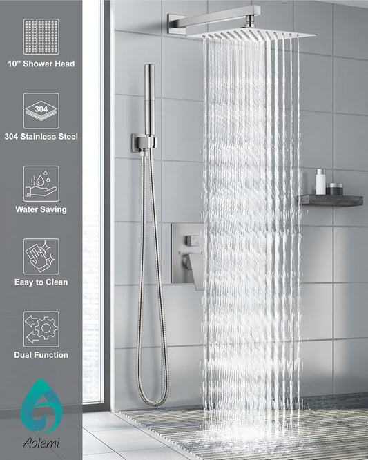 Aolemi Shower System with Rain Head and Handheld,10-Inch,Brushed Nickel | High-Pressure Shower Faucet Set with Dual-Function Handheld,Rough-In Valve,1.8 GPM,Wall-Mount Trim Kit