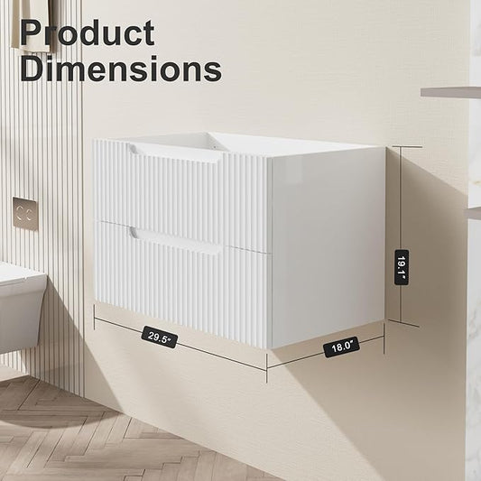 30” Floating Bathroom Vanity Cabinet Wall-Mounted Bathroom Vanity in White, Sink Basin Not Included