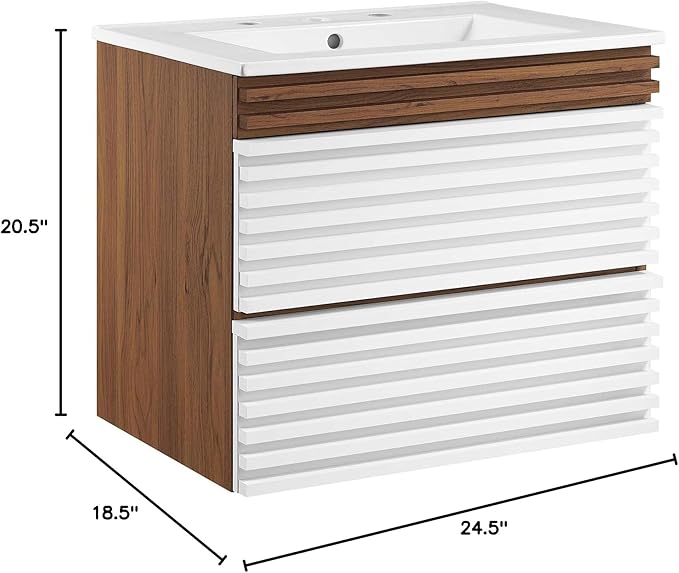 Modway Render 24" Wall-Mount Bathroom Vanity in White Walnut White