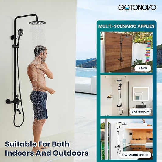 gotonovo SUS304 Outdoor Shower Kit 8’’ Head with Handheld Matte Black | Outdoor Outside Shower Fixtures with Handheld Sprayer,Swivel Tub Spout,Adjustable Height,Wall Mount for Poolside,Backyard