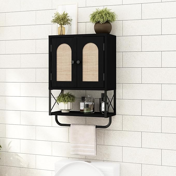 RUSTOWN Rattan Bathroom Wall Cabinet, Boho Over The Toilet Storage Cabinet with Arched Rattan Doors, Modern Medicine Cabinet with Adjustable Shelves & Towel Bar (Black, Small)
