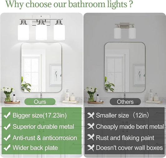 MOKATNG 3-Light Bathroom Light Fixtures, Brushed Nickel Vanity Light with Milky White Shades, Bathroom Lighting Fixtures Over Mirror, Modern Bathroom Wall Lamp for Mirror Living Room Cabinet Bedroom