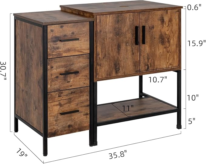 UEV 36" Antique Bathroom Vanity, Dark Brown Bathroom Vanity Set with Sink and 3 Drawers Side Cabinet Combo, Iron Wood Bathroom Cabinet with Adjustable Water Temperature Faucet (A07)