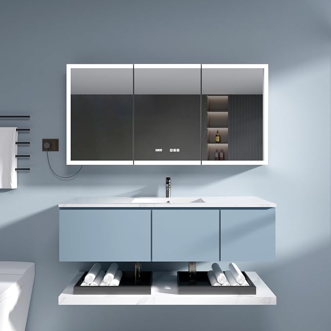 LED Medicine Cabinet 60x30 Anti-Fog Mirror Dimmable Recessed Mount | 3 Color Dimmable LED. Time Temp Display. Anti-Fog IP44. 2 Outlets+2 USB. Plug-in/Hardwired. Recessed/Wall Mount