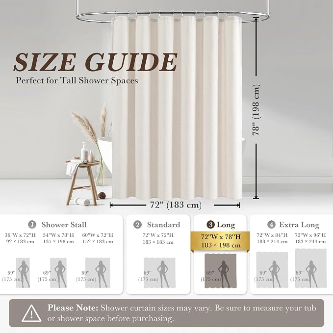Seasonwood Cream Linen Shower Curtain Farmhouse Bathroom Decor 72x78 Inches | Boho Bathroom Decor,12 Sturdy Stainless Steel Sliding Hangers,Rustic Country Style,Linen Shower Curtains for Bathroom