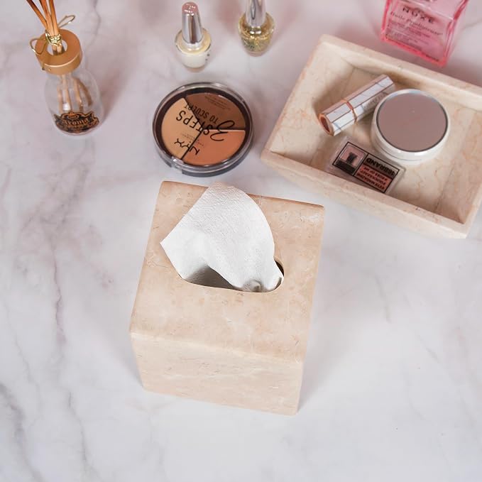 Creative Home Natural Marble Tissue Box Cover, Square Beige Tissue Holder