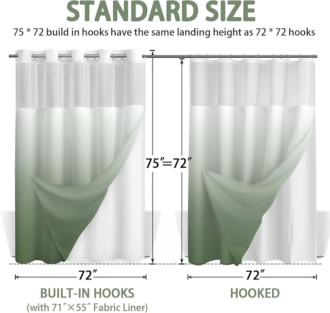 No Hook Shower Curtain with Liner Set Hotel Waffle Ombre Green 72W X 75L | Washable Snap in Fabric Liner, Mesh Top Window, Waffle Hotel Style Shower Curtain Set
