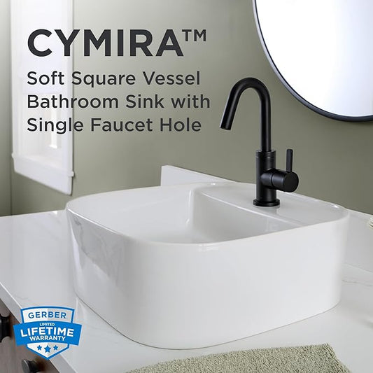 Gerber Cymira 16 in. Soft Square Vessel Sink, Single Hole, Fireclay, White