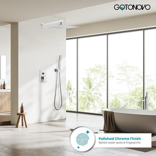 gotonovo Shower Faucet Set with Handheld Spray Polished Chrome,16'' Head | SUS304 Rainfall Shower Head and Handle Set System Fixture,Pressure Balance Valve Trim Kit,Single Handle,Wall Mount,All Metal