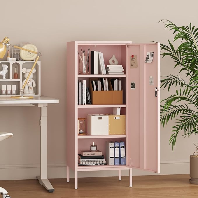 Steehoom Metal Locker Cabinet Lockable Bathroom Storage Cabinet 4 Tier Employee Lockers for Home, School, Office, Garage (Pink, 19.69" D x 15.75" W x 49.21" H)