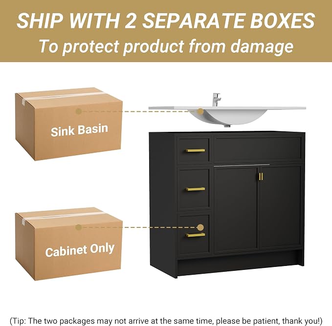 36 Inch Freestanding Bathroom Vanity with Sink, Shaker Style Black Cabinet with 3 Drawers & Double Doors, Waterproof Lacquer Finish, Ideal for Master Bathroom & Family Home