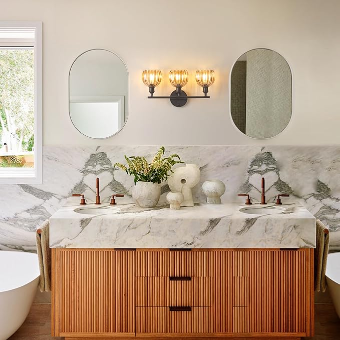 Bathroom Light Fixtures, 3-Light Black Vanity wall Light Over Mirror with Amber Tulip Glass Shade for Bedroom Living Room (Bulb Not Included)