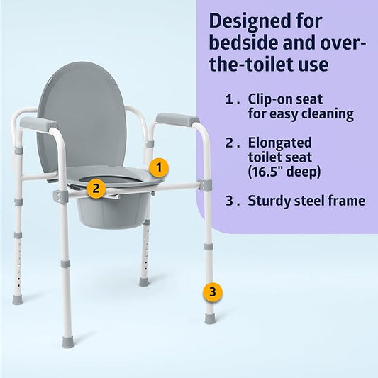 Medline 3-in-1 Steel Bedside Commode, Elongated Seat, Sturdy Folding Frame, 7.5 QT. Bucket, 350 lb. Weight Capacity, Clip-on Seat, Easy Cleaning, Tool-Free Assembly, Gray