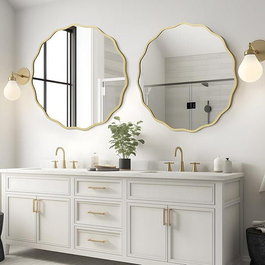 WallBeyond Round Wavy Mirror for Wall Decorative 28 inch, Modern Round Mirror Aluminum Frame for Bathroom Bedroom Living Room Home House Office Entryway, Gold