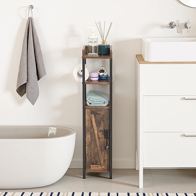 VECELO Small Bathroom Cabinet, Slim Toilet Paper Holder with Door&2 Shelves Metal Racks, Narrow Storage Organizers, Free Standing Farmhouse Style for Bathroom Restroom Tiny Space,Dark Brown